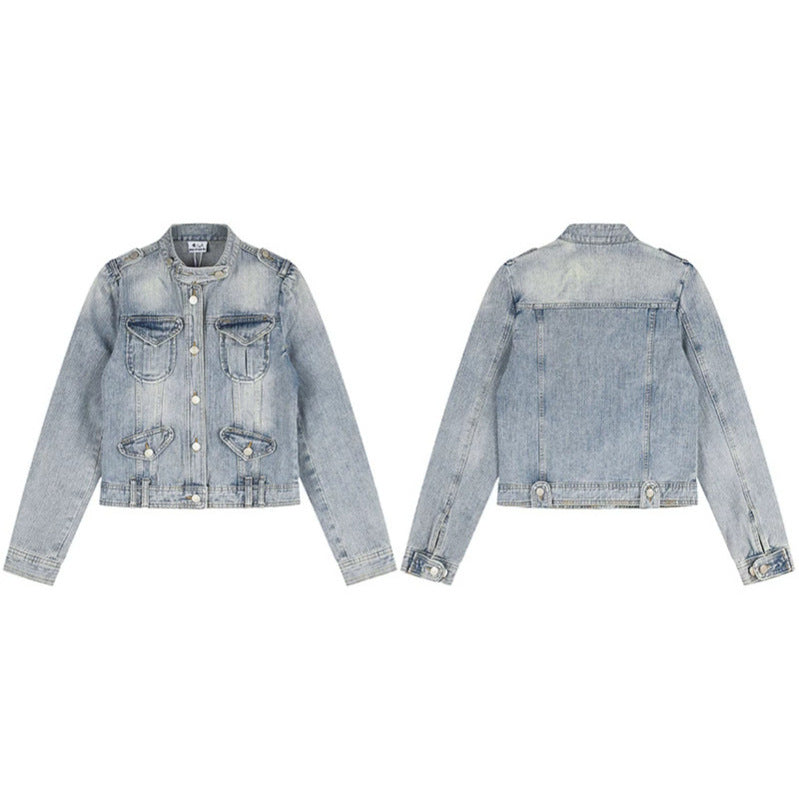 Damen Kurze Jeansjacke im Military-Stil mit Stehkragen, Schulterklappen und Pattentaschen Nord Taschen