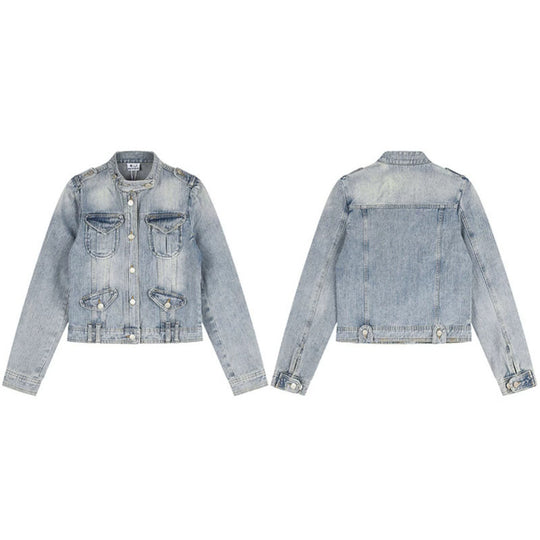 Damen Kurze Jeansjacke im Military-Stil mit Stehkragen, Schulterklappen und Pattentaschen Nord Taschen