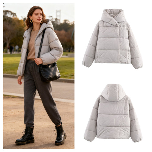 Damen Kurz geschnittene Oversize-Steppjacke mit hohem Wickelkragen und wattierter Fütterung Nord Taschen
