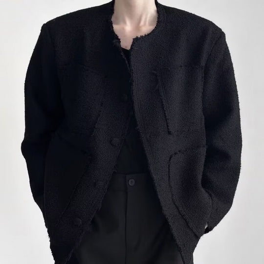 Damen Oversized Bouclé-Jacke ohne Kragen mit aufgesetzten Taschen und Raw‑Edge-Details Nord Taschen