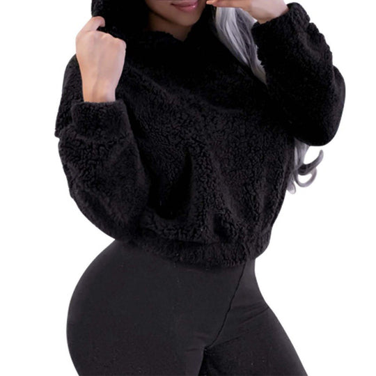 Damen Kurzer Kapuzen‑Sherpa‑Pullover mit Kängurutasche und elastischem Saum Nord Taschen