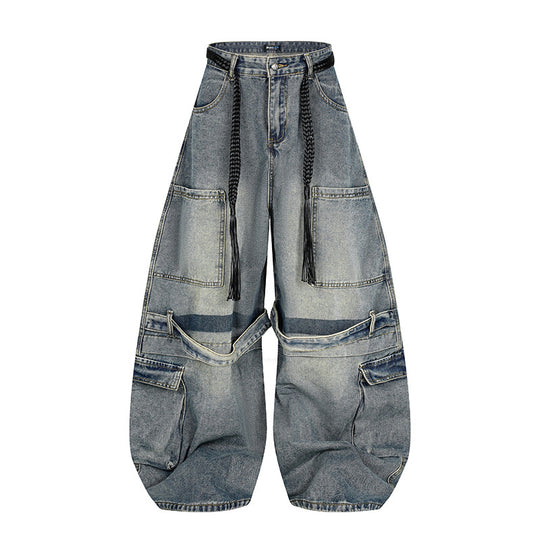Damen Weite Denim-Cargo-Hose im Balloon-Schnitt mit großen Aufsatztaschen und geflochtenem Gürtel Nord Taschen