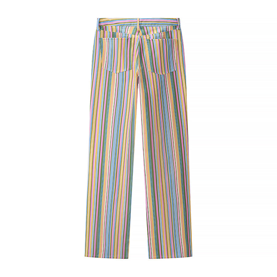 Damen Gestreifte gerade geschnittene Hose mit hoher Taille und Fünf-Taschen-Schnitt Nord Taschen