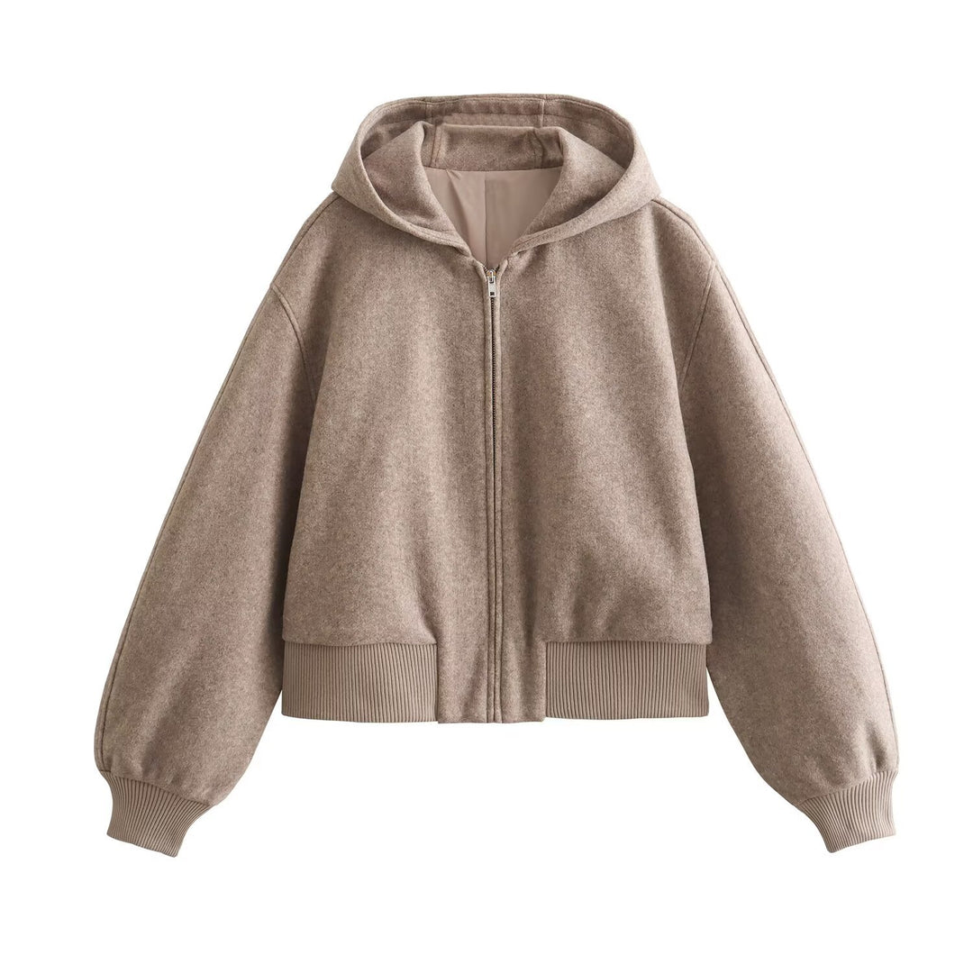 Damen Kurze Oversized Wollmix-Kapuzenjacke mit Ballonärmeln und Rippbündchen Nord Taschen
