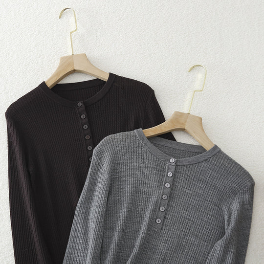 Damen Gerippter Henley-Feinstrickpullover mit schmaler Silhouette Nord Taschen