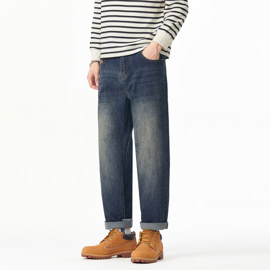 Herren Weite gerade geschnittene Denim-Jeans mit Used‑Wash und Umschlagbund Nord Taschen