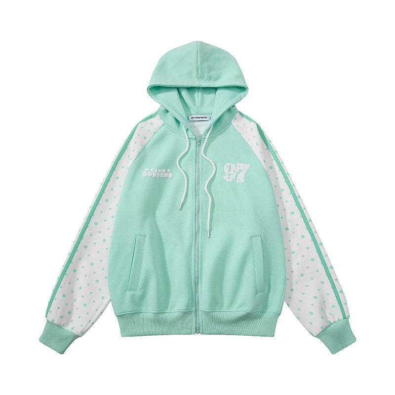 Damen Kapuzen‑Sweatjacke mit durchgehendem Reißverschluss, Raglanärmeln und Polka‑Dot‑Einsätzen Nord Taschen
