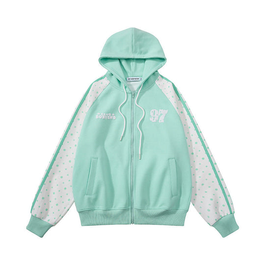 Damen Kapuzen‑Sweatjacke mit durchgehendem Reißverschluss, Raglanärmeln und Polka‑Dot‑Einsätzen Nord Taschen