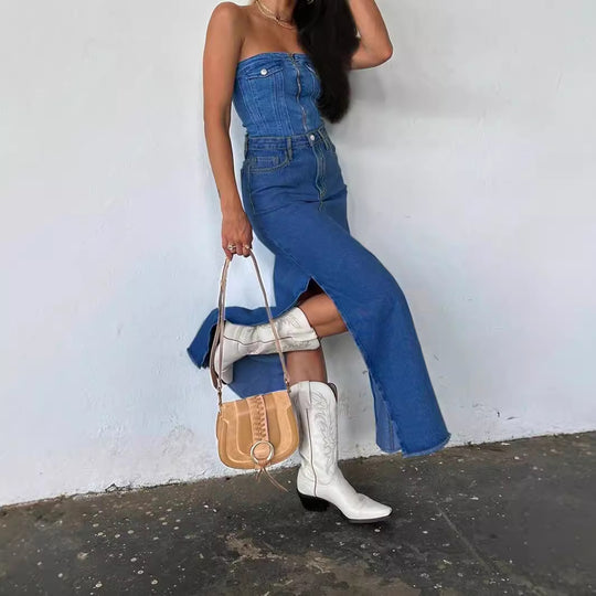 Damen High-Waist Maxirock aus Denim mit frontaler Ziernaht und seitlichem Beinschlitz Nord Taschen