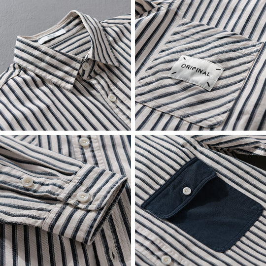 Herren Gestreiftes Overshirt mit Kontrast-Brusttaschen und Kentkragen aus Baumwollmix Nord Taschen