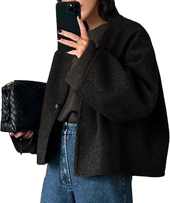 Damen Kurz geschnittene Oversize Wolljacke mit kastigem Schnitt und Ein-Knopf-Verschluss Nord Taschen