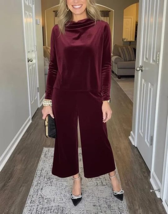 Damen Elegantes Samt-Zweiteiler mit Wasserfallkragen und weiter Culotte-Hose Nord Taschen