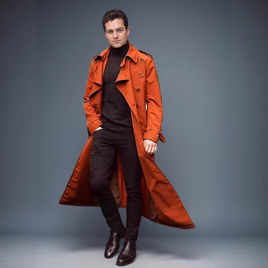 Herren Wasserabweisender Long-Trenchcoat mit doppelter Knopfleiste, Schulterklappen und verstellbarem Taillengürtel Nord Taschen