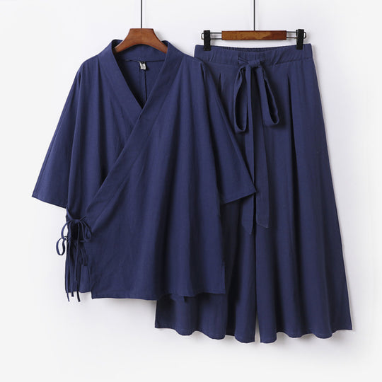 Damen Kimono-Loungewear-Set aus leichter Viskose mit Wickeloberteil und weitem Culotte-Hosenrock Nord Taschen