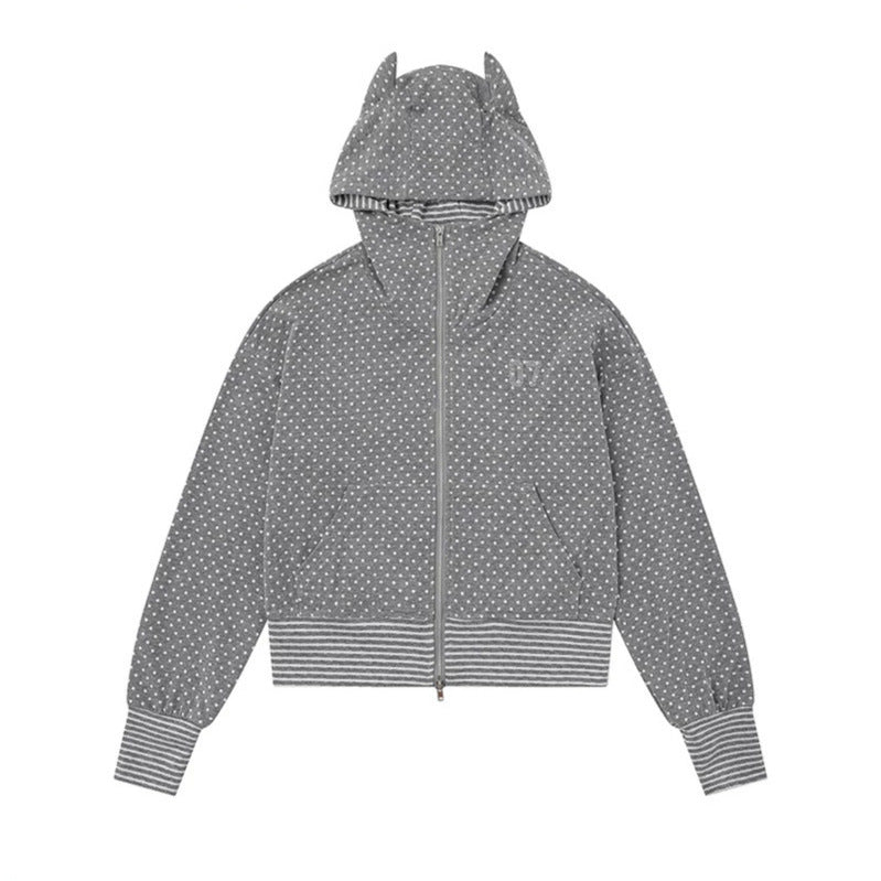 Damen Kapuzen‑Sweatjacke mit Reißverschluss, Ohr‑Applikation und Allover‑Pünktchen Nord Taschen