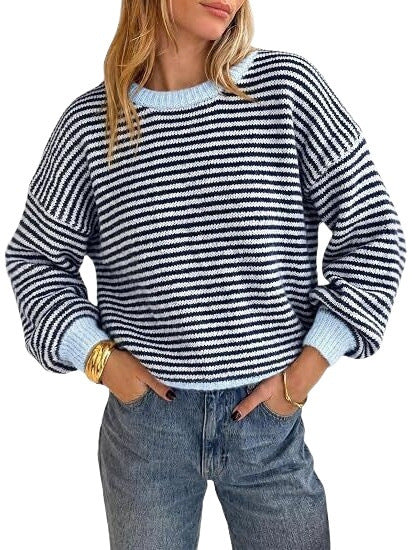 Damen Gestreifter Rippstrick-Pullover mit Kontrast-Bündchen Nord Taschen