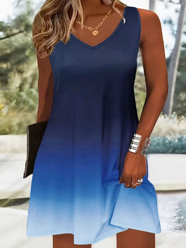 Damen V-Ausschnitt Sommerkleid mit lNord Taschenhaftem Farbverlauf und leichtem, atmungsaktivem Stoff Nord Taschen