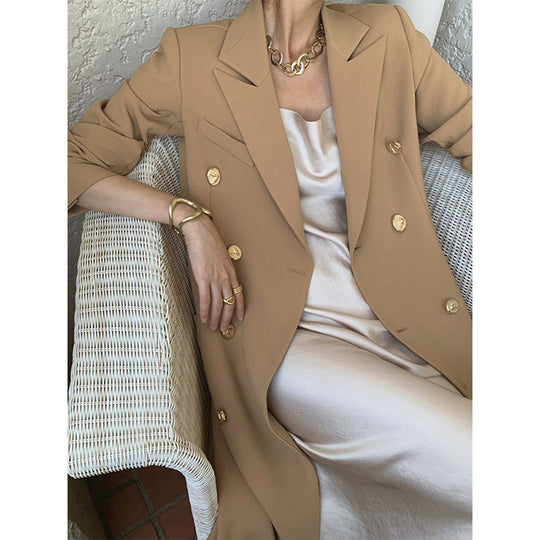 Damen Taillierter Doppelreihiger Longblazer mit Gürtel und Zierknöpfen Nord Taschen