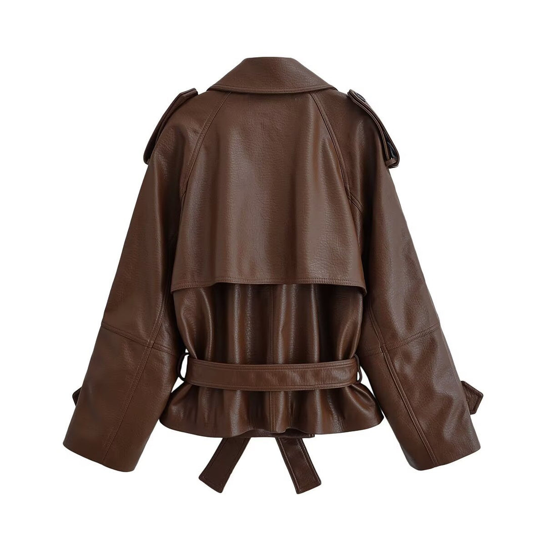 Damen Cropped Doppelreihiger Kunstleder-Trench mit Taillengürtel und Schulterpatten Nord Taschen