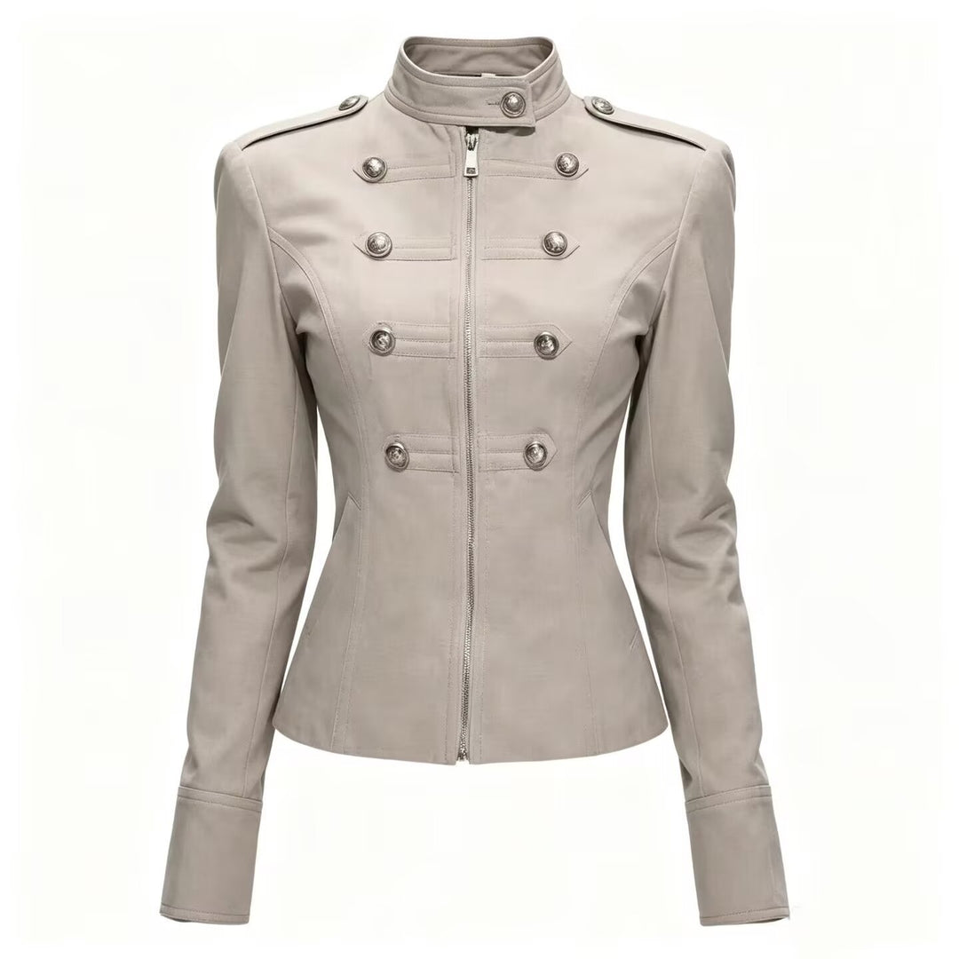 Damen Taillierte Military‑Inspired Jacke mit Stehkragen, Zierknopfreihe und Reißverschluss Nord Taschen
