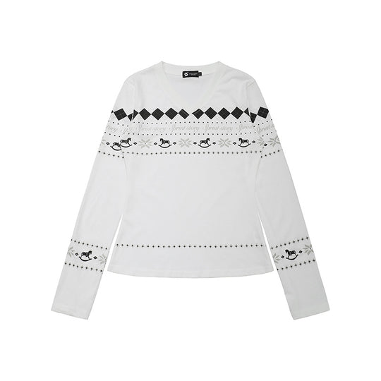 Damen Langarmshirt mit V-Ausschnitt und skandinavischem Norwegerprint aus Baumwollmix Nord Taschen