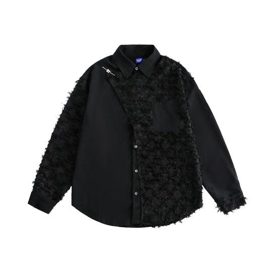 Damen Blusen-Overshirt mit flauschiger Fransenstruktur und Kentkragen Nord Taschen