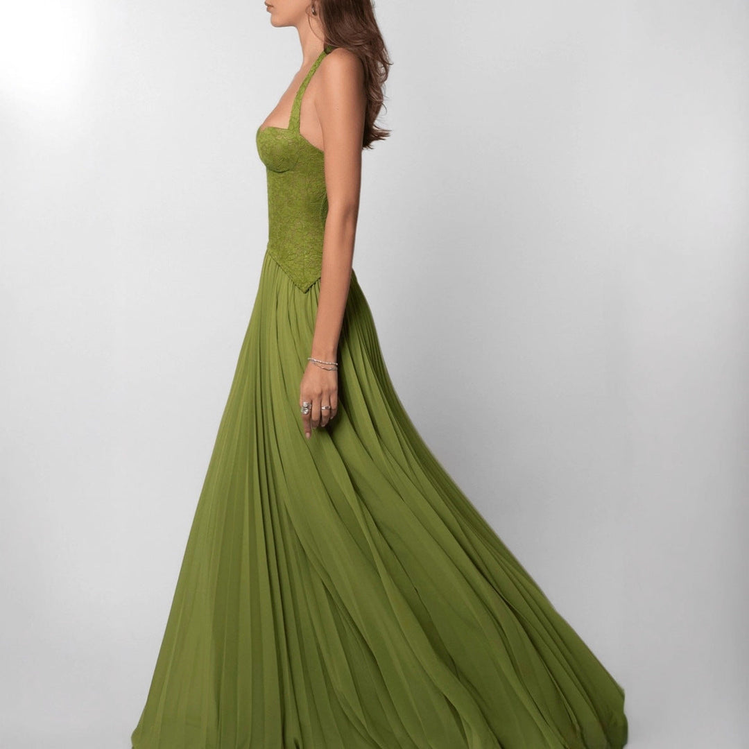 Damen nan Neckholder-Korsettkleid mit Spitzen-Corsage und fließendem Plisseerock