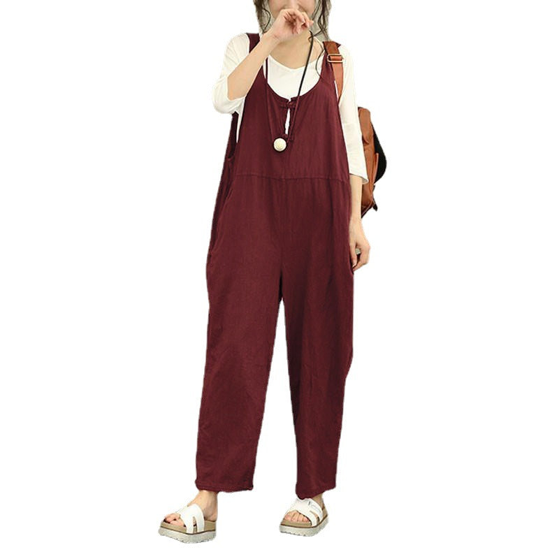 Damen Lässiger Harem-Overall aus Leinen mit verstellbaren Trägern und Seitentaschen Nord Taschen
