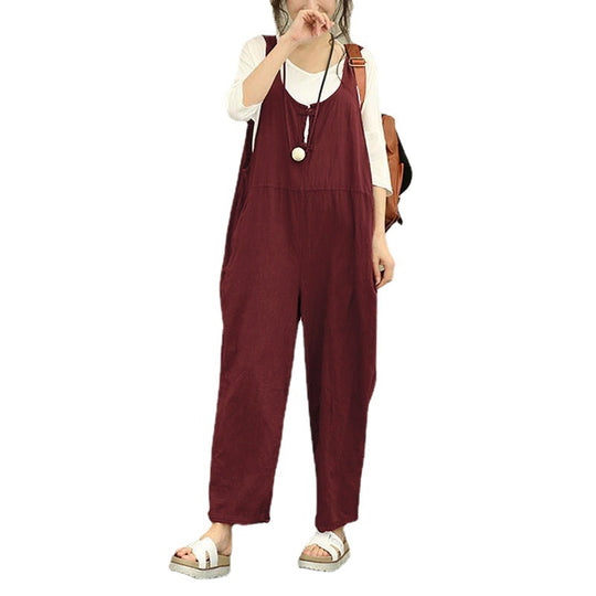 Damen Lässiger Harem-Overall aus Leinen mit verstellbaren Trägern und Seitentaschen Nord Taschen
