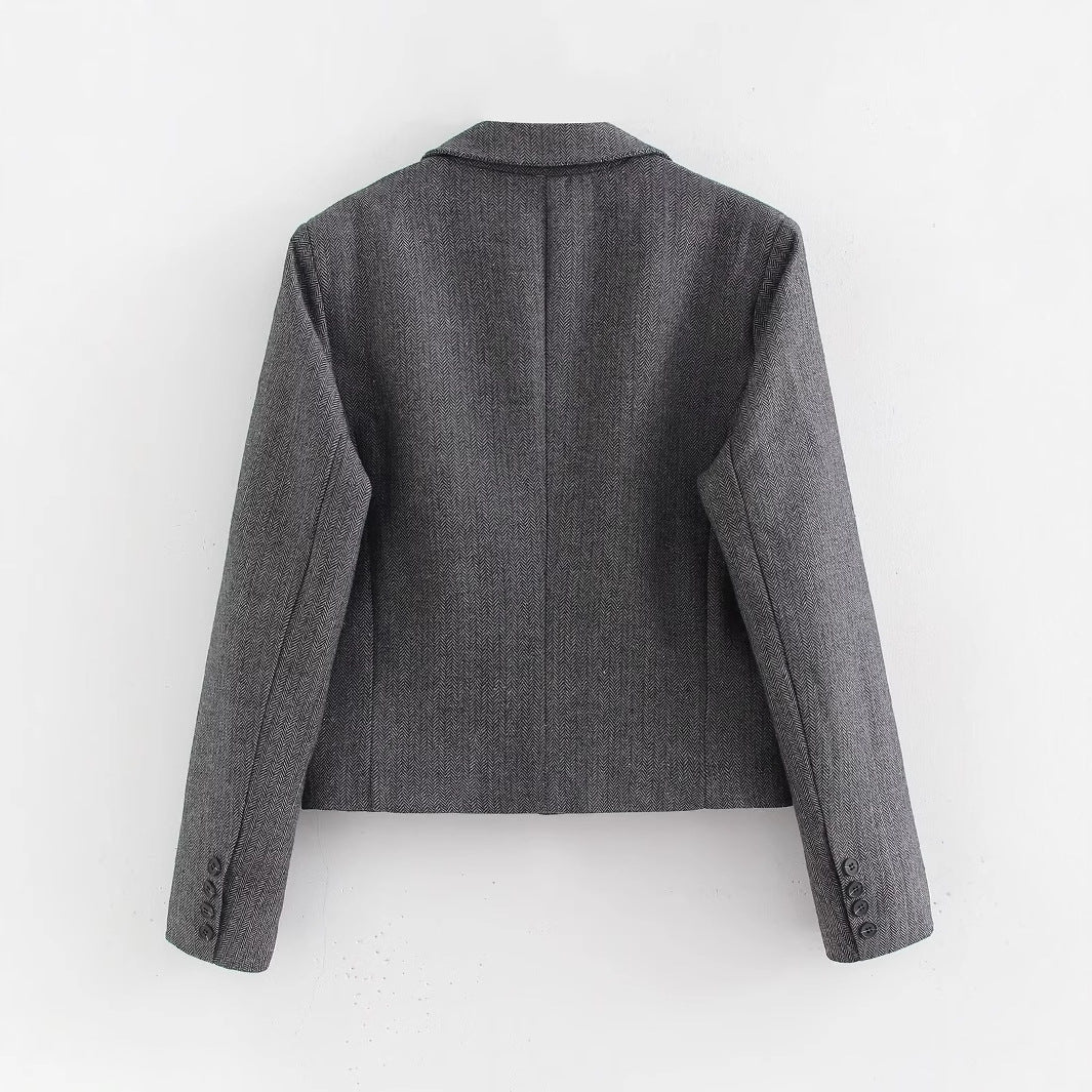 Damen Kurzgeschnittener doppelreihiger Blazer im Fischgrätmuster Nord Taschen
