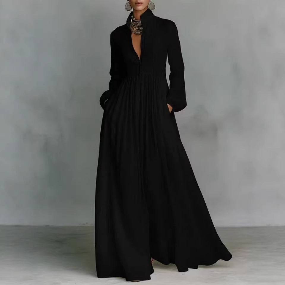 Damen Maxikleid mit Stehkragen, Knopfleiste und seitlichen Taschen Nord Taschen