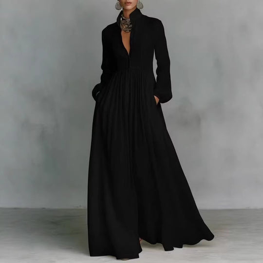 Damen Maxikleid mit Stehkragen, Knopfleiste und seitlichen Taschen Nord Taschen
