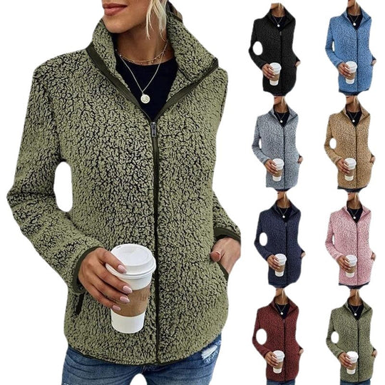 Damen kuschelige Teddy-Fleecejacke mit Stehkragen und Reißverschluss Nord Taschen