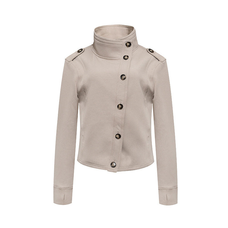 Damen Kurze Wolloptik-Militärjacke mit Stehkragen und asymmetrischer Knopfleiste Nord Taschen