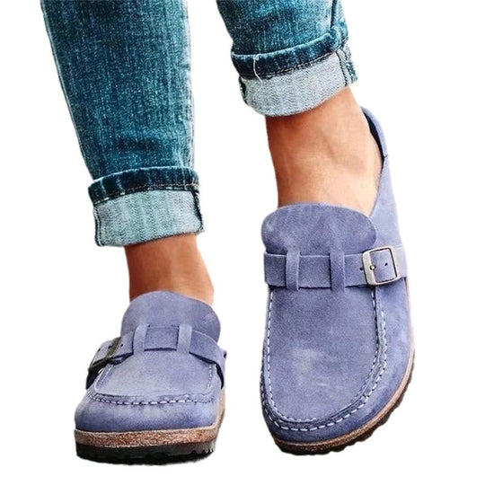 Damen Slipper‑Mule aus Veloursleder mit Kork‑Flatform und Zierschnalle Nord Taschen