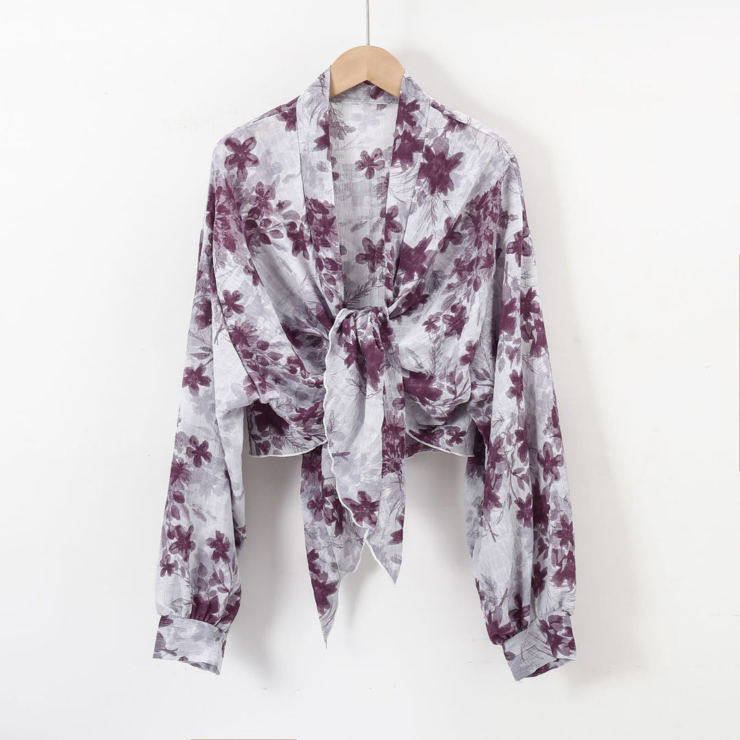 Damen nan florale Knoten-Bluse im Wickelstil mit Ballonärmeln und leichter Leinenoptik