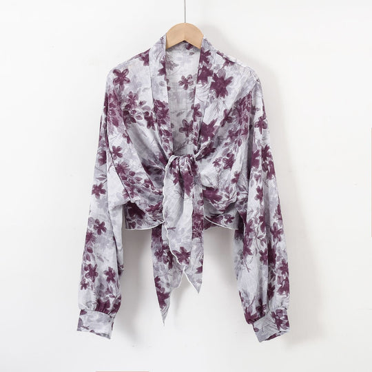 Damen nan florale Knoten-Bluse im Wickelstil mit Ballonärmeln und leichter Leinenoptik