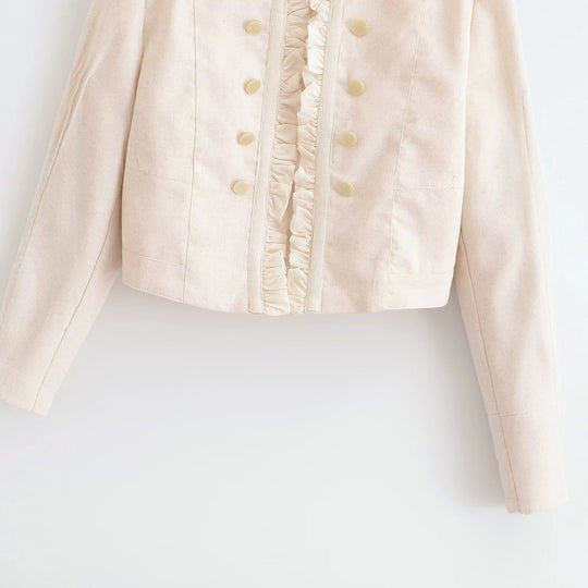 Damen Kurzjacke im militärischen Stil mit Rüschenfront und Stehkragen Nord Taschen