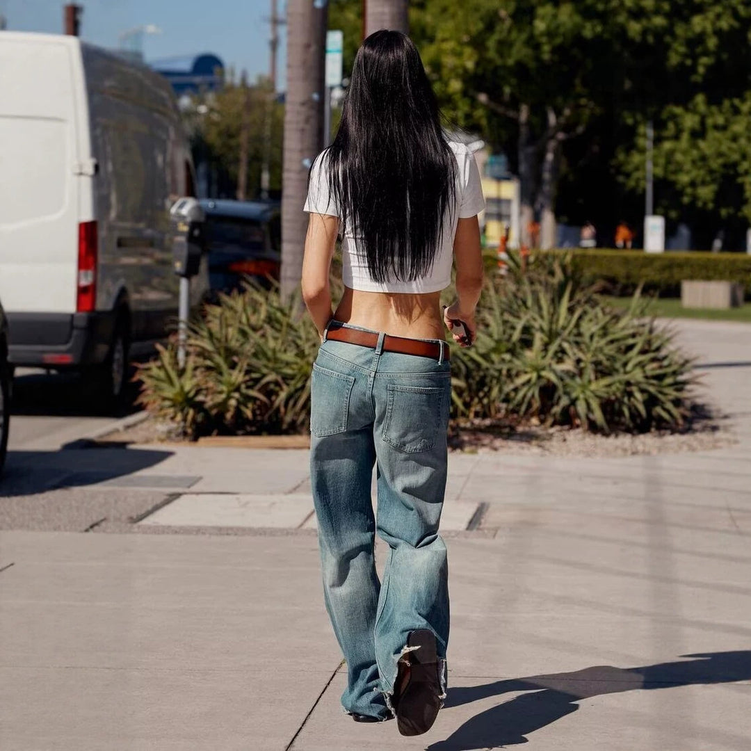 Damen High‑Waist Schlagjeans mit Destroy-Effekt und ausgefranstem Saum Nord Taschen