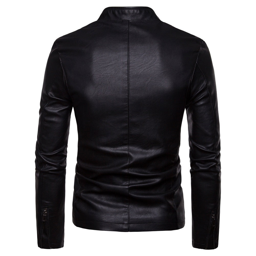 Herren schmal geschnittene Lammleder-Bikerjacke mit Stehkragen und tonalen Ziernähten Nord Taschen