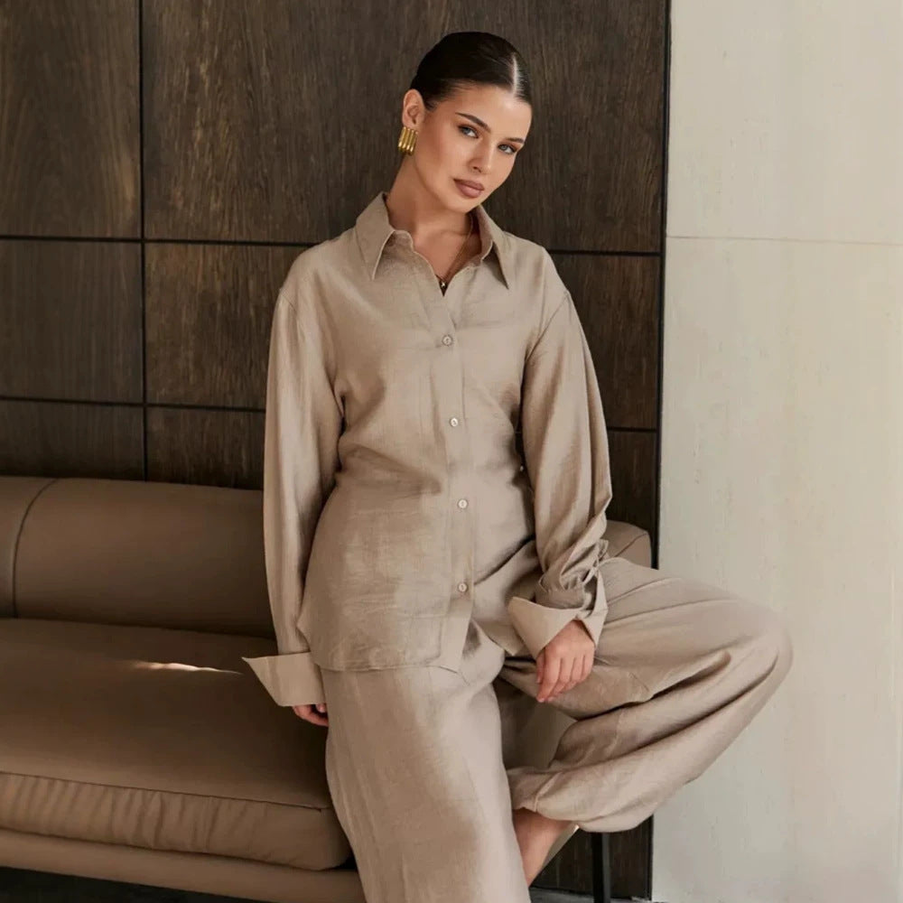 Damen Lässig-elegantes Hemd- und Hosen-Set mit Tunnelzug, Gummibund und weitem Bein Nord Taschen