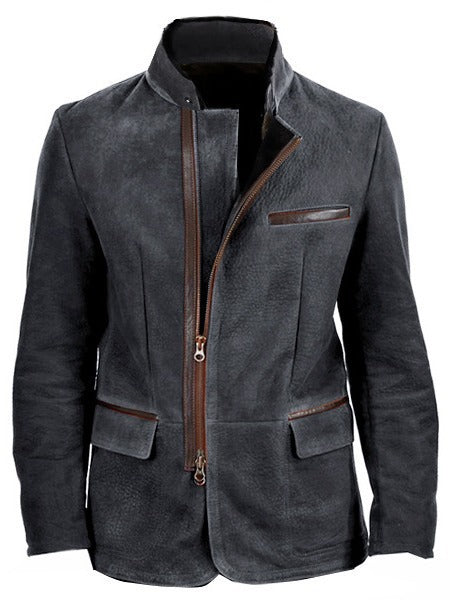 Herren Veloursleder-Fieldjacke im Fliegerstil mit Stehkragen, asymmetrischem beidseitig öffnendem Reißverschluss und kontrastierenden Lederbesätzen Nord Taschen