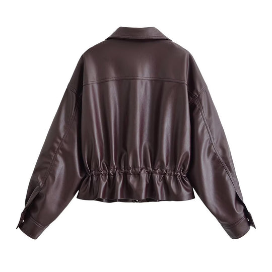 Damen Kurzjacke aus veganem Leder mit Tunnelzug und aufgesetzten Brusttaschen Nord Taschen