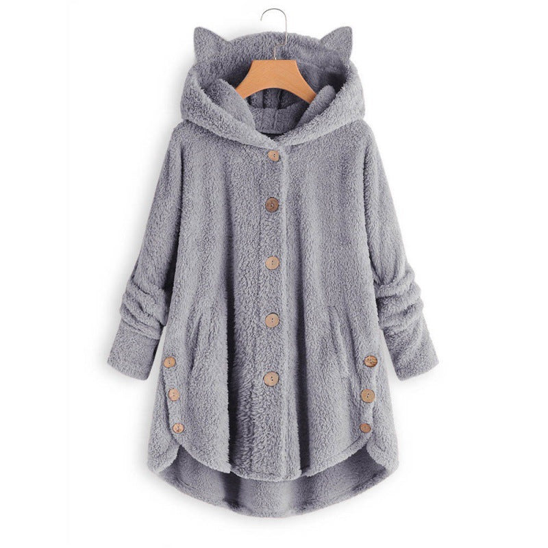 Damen Kapuzen-Teddy-Mantel mit Katzenohren, Knopfleiste und asymmetrischem Saum Nord Taschen