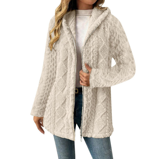 Damen Kapuzen-Sherpajacke mit Zopfmuster, mittellang und Zwei-Wege-Reißverschluss Nord Taschen