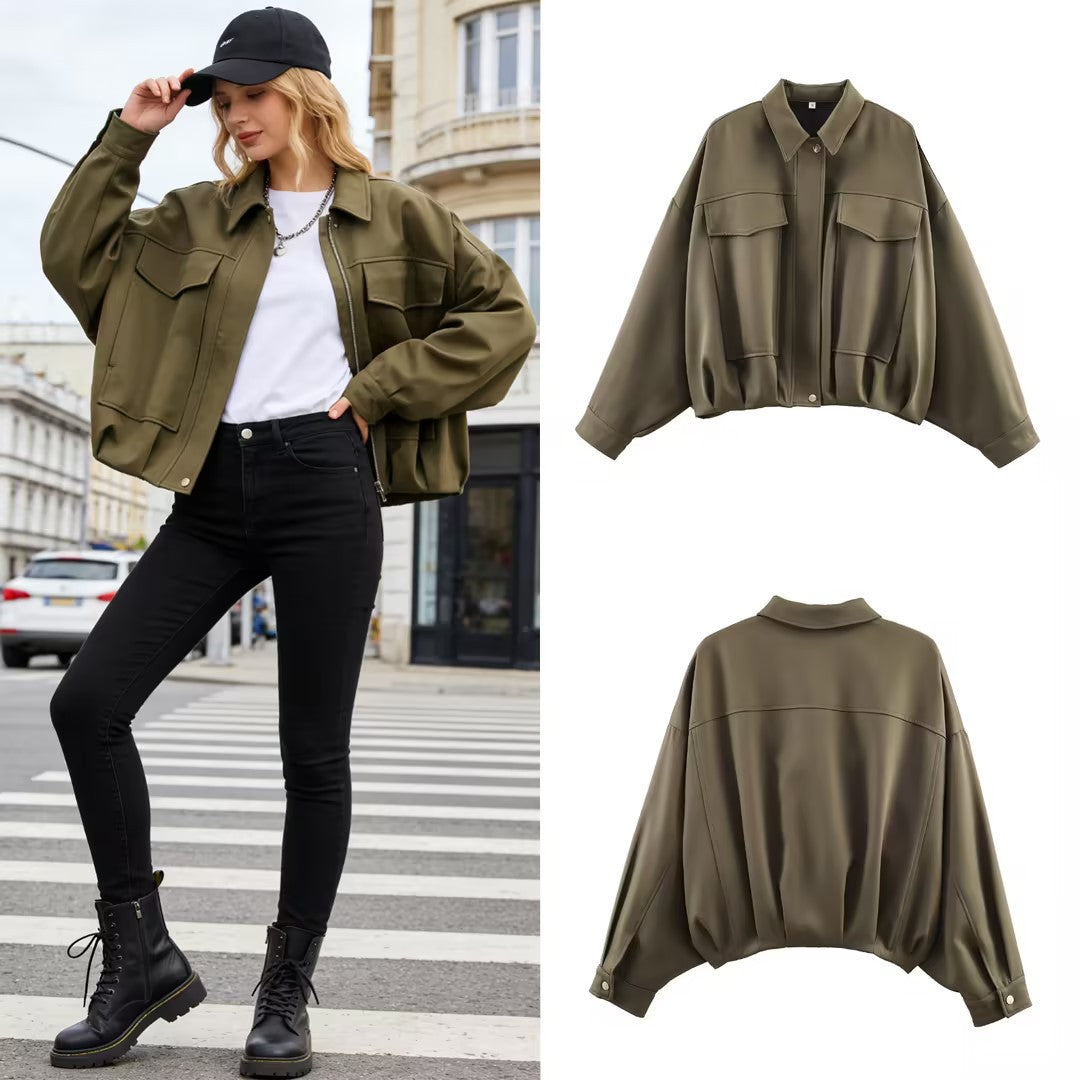Damen Oversize Kurzjacke mit aufgesetzten Pattentaschen, Tropfenärmeln und elastischem Saum Nord Taschen