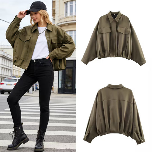 Damen Oversize Kurzjacke mit aufgesetzten Pattentaschen, Tropfenärmeln und elastischem Saum Nord Taschen