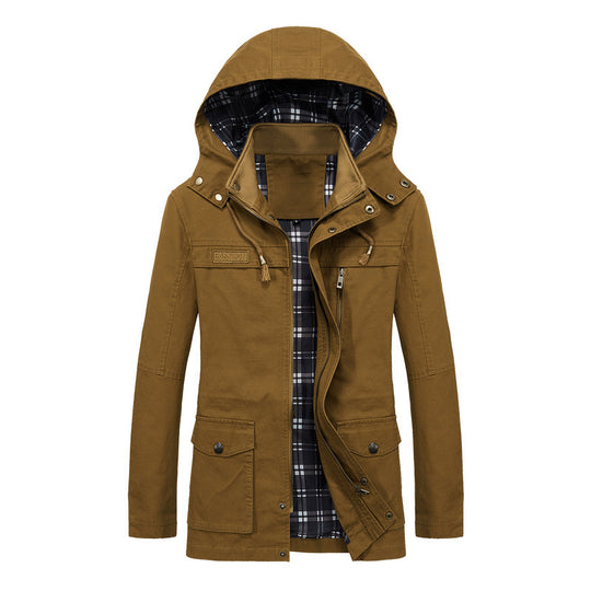 Herren Canvas-Fieldparka mit Kapuze, kariertem Innenfutter und Multifunktionstaschen Nord Taschen