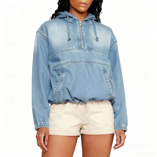 Damen Jeans-Hoodie mit halbem Reißverschluss, Kapuze und elastischem Saum Nord Taschen