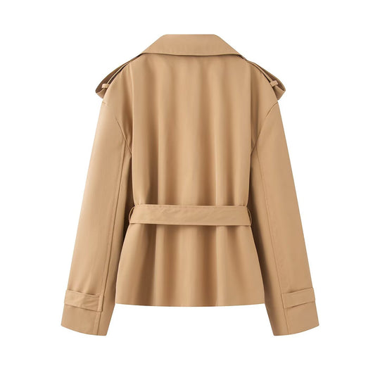 Damen Cropped-Trenchjacke mit weitem Schalkragen und Taillenbindegürtel Nord Taschen